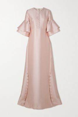 Reem Acra - Button-embellished Ruffled Satin-piqué Gown - Pink