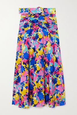 Rebecca Vallance - Fioritura Belted Ruched Printed Silk-satin Midi Skirt - Pink