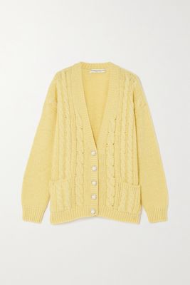Alessandra Rich - Faux Pearl-embellished Cable-knit Alpaca-blend Cardigan - Yellow