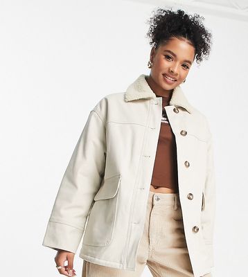 ASOS DESIGN Petite borg lined cotton jacket in stone-Brown