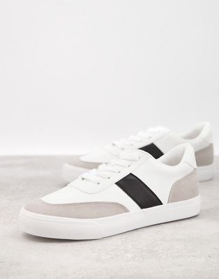 London Rebel side stripe lace up sneakers in white with black