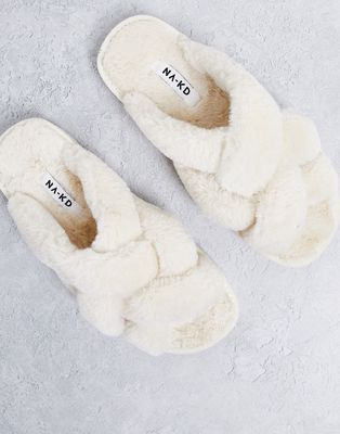 NA-KD cross front teddy slippers in beige-Neutral