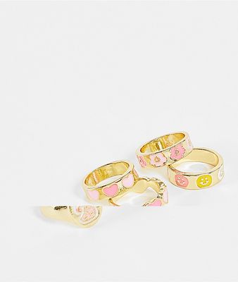 Madein 5 pack gold rings in mushroom and hearts-Multi