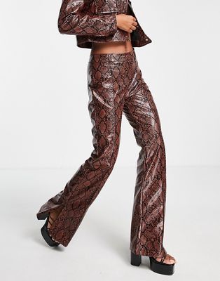 Bershka faux leather snake effect flare pants in brown - part of a set