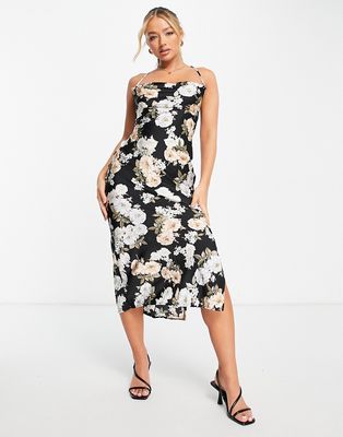 Missguided lace up back midi slip dress in black floral