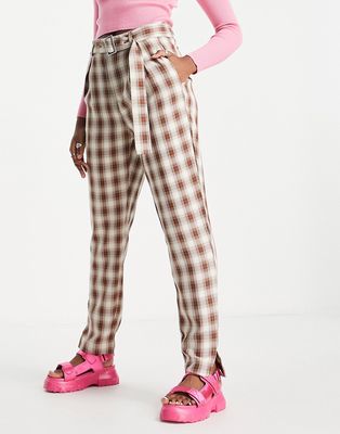 Heartbreak belted tailored pants in neutral check - part of a set-Brown