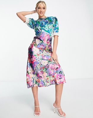 Hope & Ivy Lia double print floral dress in multicolor-Pink