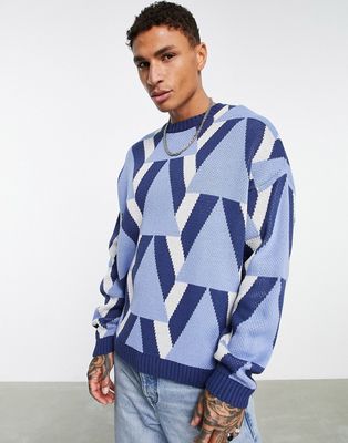 ASOS DESIGN oversized knitted sweater with geo design in blue-Multi