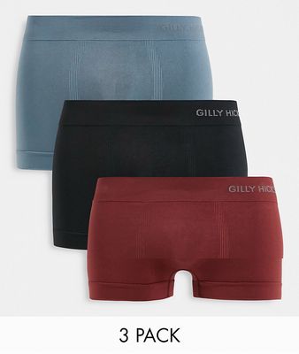Gilly Hicks 3 pack seamless trunks in burgundy, blue and black with side logo waistband-Multi