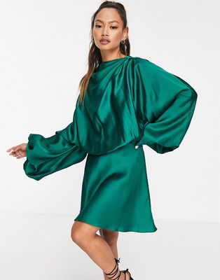 ASOS DESIGN blouson sleeve satin mini dress with open back in forest-Green