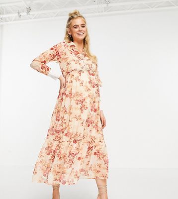 Hope & Ivy Maternity collared shirt dress with wrap tie and drop hem in blush floral-Pink