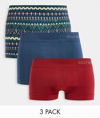 Gilly Hicks 3 pack seamless trunks in knitted print navy, red-Multi