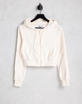 adidas Originals 'Relaxed Risque' velour zip through hoodie in off white