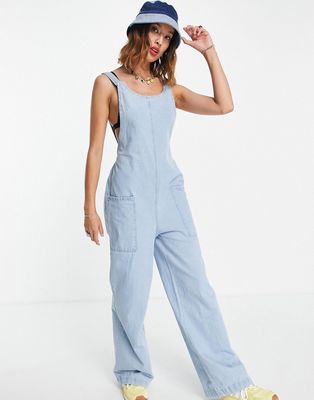 Noisy May low back denim jumpsuit in light blue wash-Blues