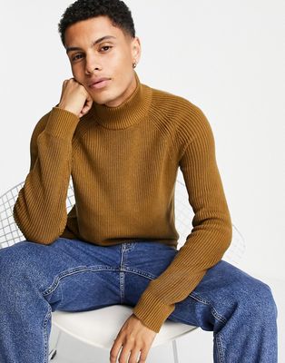 Selected Homme organic cotton high neck sweater in tan-Brown