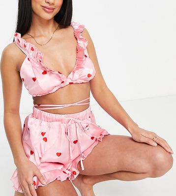 Vero Moda Petite frill & strap detail pajama set in pale pink heart print