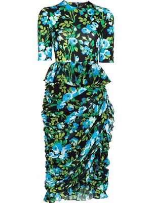 Richard Quinn floral-print ruched midi dress - Blue