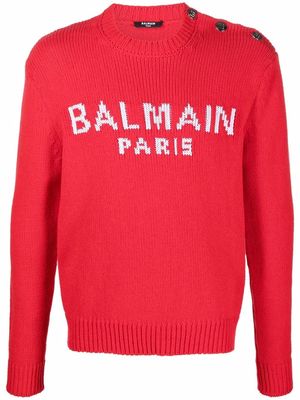 Balmain intarsia-logo button jumper - Red