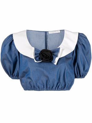 Alessandra Rich rose-appliqué cropped blouse - Blue