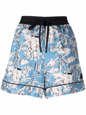 Moncler floral-print drawstring silk shorts - Blue