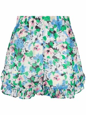 GANNI ruffle-trim floral shorts - Blue