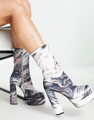 Simmi London platform heel boots in marble print-Multi