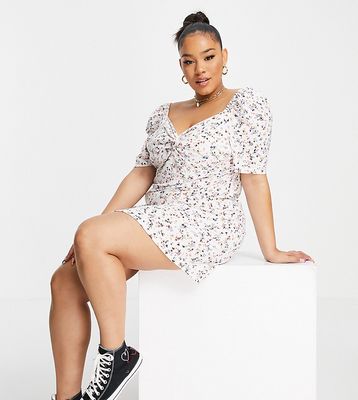 Wednesday's Girl Curve mini dress with ruched front in ditsy floral-White