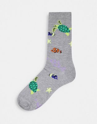 ASOS DESIGN gray ankle sock with turtle design-Multi