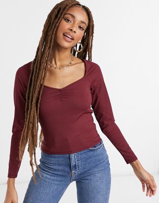 Monki Monique long sleeve top in wine-Red