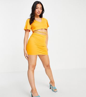 ASOS DESIGN Petite v neck lace up front t-shirt dress in orange