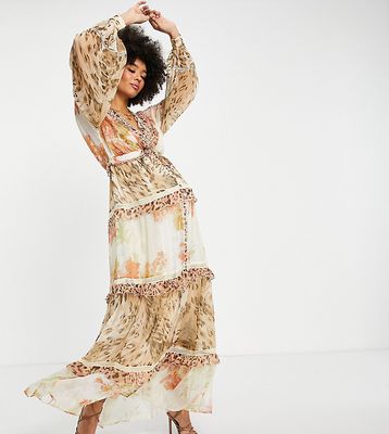ASOS DESIGN Maternity tiered textured maxi dress with ruffle detail and lace trim in Print-Multi