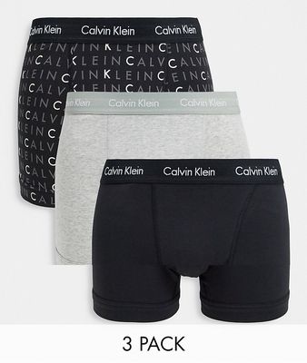 Calvin Klein 3-pack trunks with logo waistband in black and gray logo print-Multi
