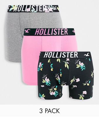 Hollister 3 pack trunks longer length with logo waistband in pink/gray & black print-Multi