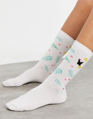 ASOS DESIGN playful floral calf length socks with embroidery-White