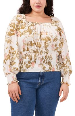 1.STATE Floral Print Smocked Convertible Neck Top in White/Green