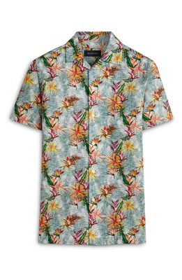 Bugatchi Classic Fit Floral Short Sleeve Stretch Cotton Button-Up Camp Shirt in Seafoam