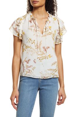 1.STATE Floral Print Flutter Sleeve Top in White Pattern