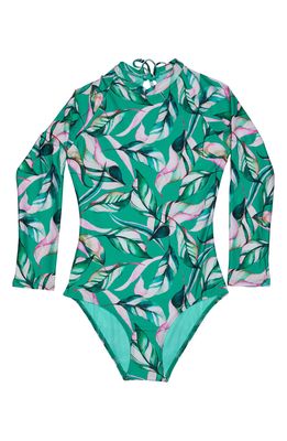 Beach Lingo Kids' Floral Print Long Sleeve One-Piece Rashguard Swimsuit in Teal