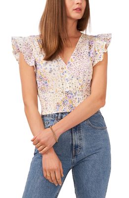 1.STATE Floral Print Cotton Faux Wrap Top in White/Multi