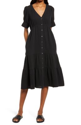 Madewell Lightspun Button Front Tiered Midi Dress in True Black