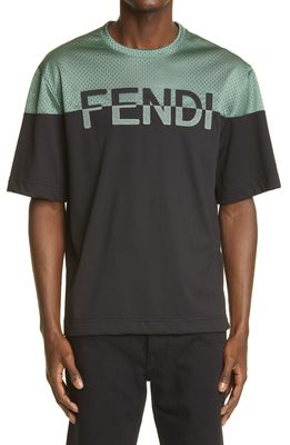 Fendi Logo Mesh Yoke T-Shirt in Black Sage Green