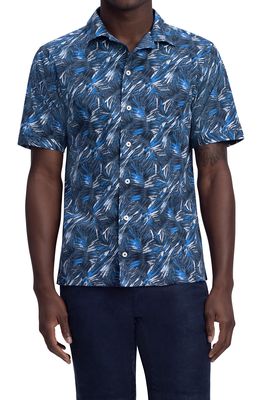 Bugatchi Jackson Classic Fit Frond Print Short Sleeve Stretch Cotton Button-Up Shirt in Midnight