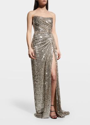 Strapless Sequin-Embellished Draped Gown