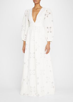 Dana Floral Cutout-Back Linen Gown