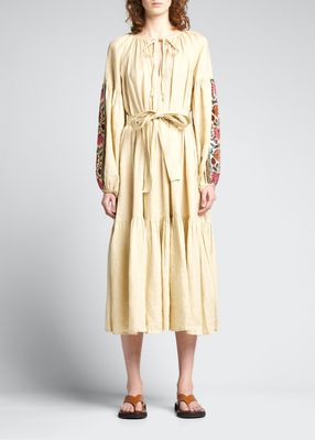 Gabriella Belted Embroidered Linen Dress