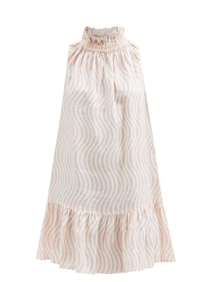Ephemera - Ruffle-neck Wave-print Linen-voile Mini Dress - Womens - Pink Print