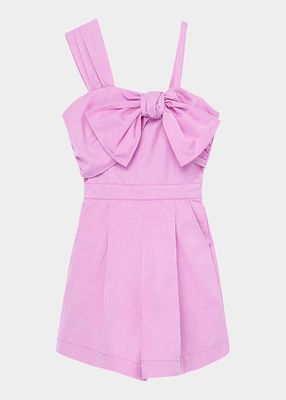 Girl's One-Shoulder Bow Pleated Romper, Size 7-14