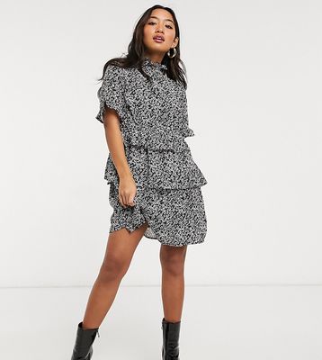 Influence Petite high neck tiered mini dress in ditsy floral print-Black