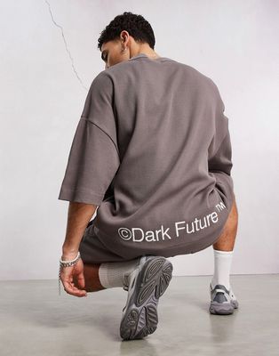 ASOS Dark Future oversized short sleeve sweatshirt in waffle with embroidery in charcoal - part of a set-Gray