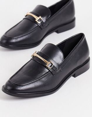 Ever New flat loafer shoes with gold buckle in black